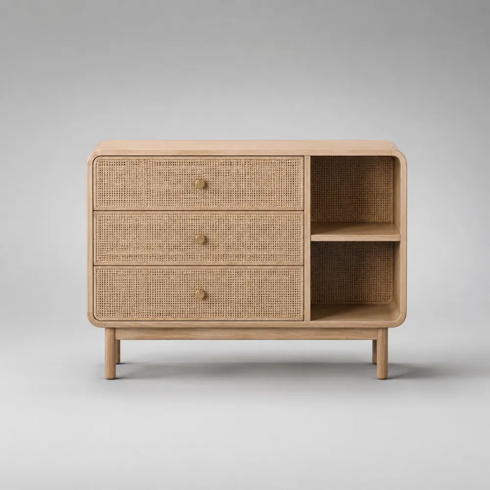 Kommode aus Holz und Rattan mit 3 Schubladen und 2 offenen Fächern, Naturbeige/Beige, 100 × 40 × 75 cm
