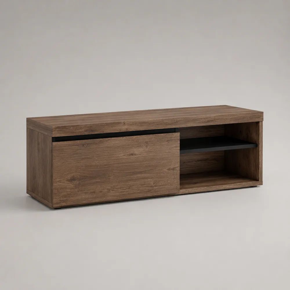 TV-Lowboard aus melaminbeschichteter Spanplatte mit Schiebetür und 2 offenen Fächern, Braun/Schwarz, 120 × 40 × 50 cm