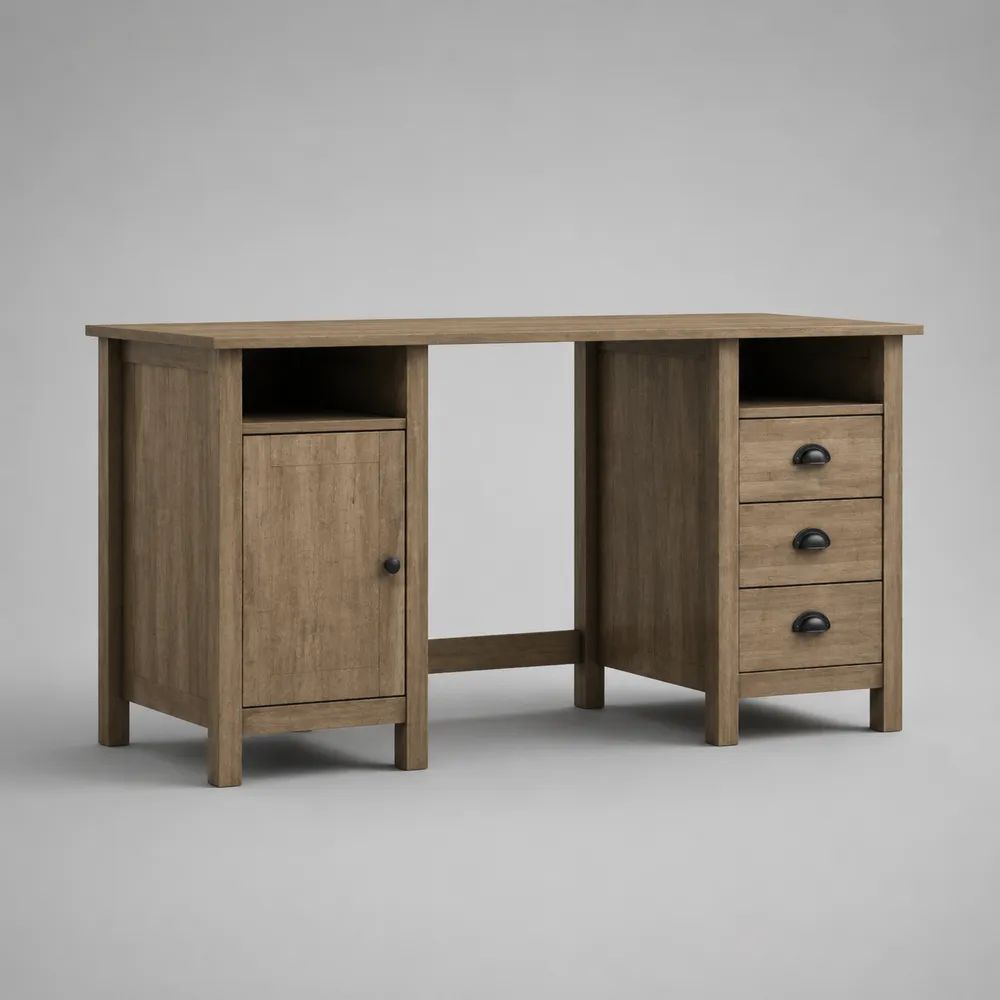 Rechteckiger Schreibtisch aus MDF und Spanplatte mit 3 Schubladen, 1 Tür und 2 Ablagefächern, Braun/Schwarz, 140 x 60 x 76 cm
