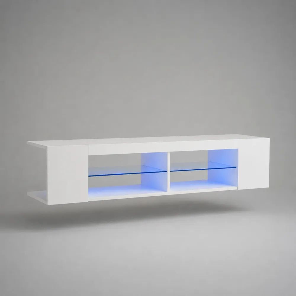 Wandmontiertes TV-Lowboard aus Holzspanplatte und Glas mit blauer LED-Beleuchtung, Weiß, 180 × 35 × 40 cm