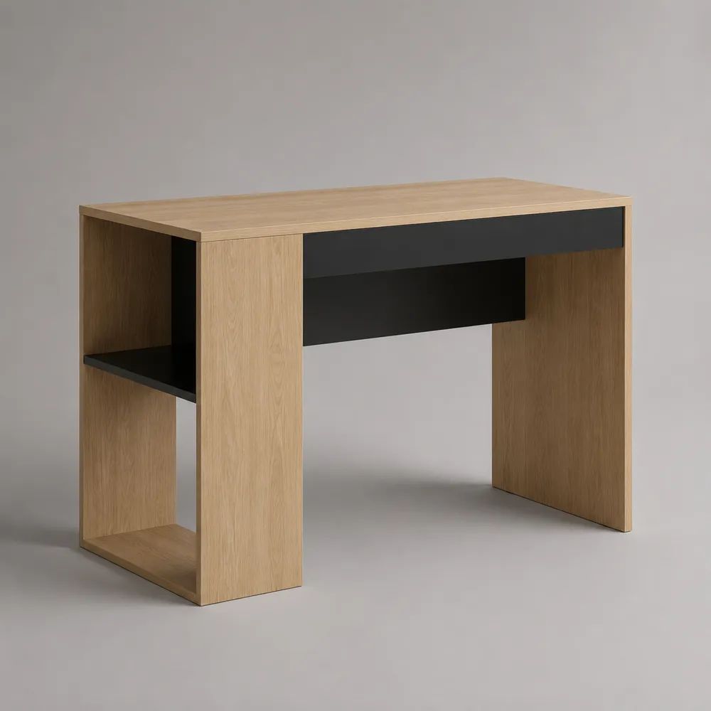 Rechteckiger Schreibtisch aus Spanplatte mit Schublade und Seitenregal, Eichefarben/Schwarz, 100 × 50 × 75 cm