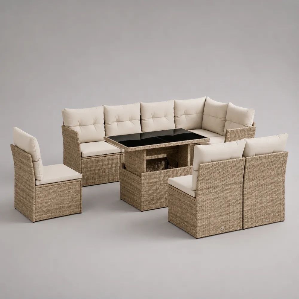 5-teiliges Gartenmöbel-Set aus Polyrattan mit Stahlrahmen, Beige/Creme/Schwarz, für 8 Personen, Eckbank 198 x 128 x 84 cm, Tisch 120 x 70 x 66 cm