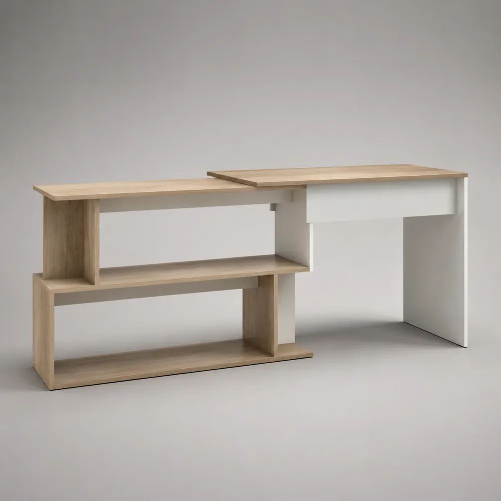 Schreibtisch mit Regal, Computertisch aus melaminbeschichteter Spanplatte, Weiß/Helle Eiche, 180 × 60 × 75 cm