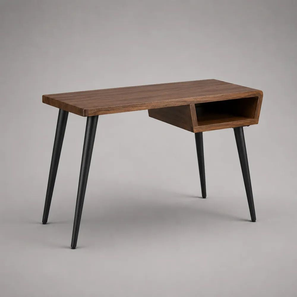 Rechteckiger Schreibtisch aus massivem Mangoholz und Stahl mit Ablagefach, Braun/Schwarz, 110 × 50 × 76 cm