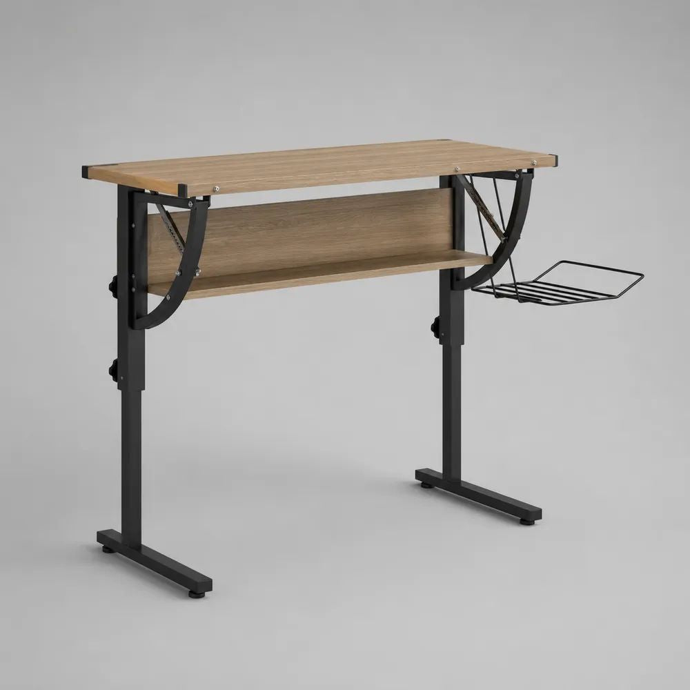 Höhenverstellbarer Schreibtisch mit neigbarer MDF-Arbeitsplatte, Stahlgestell und Ablagekorb, Eichefarben/Schwarz, Arbeitsplatte 100 × 50 cm, Höhe 75–115 cm