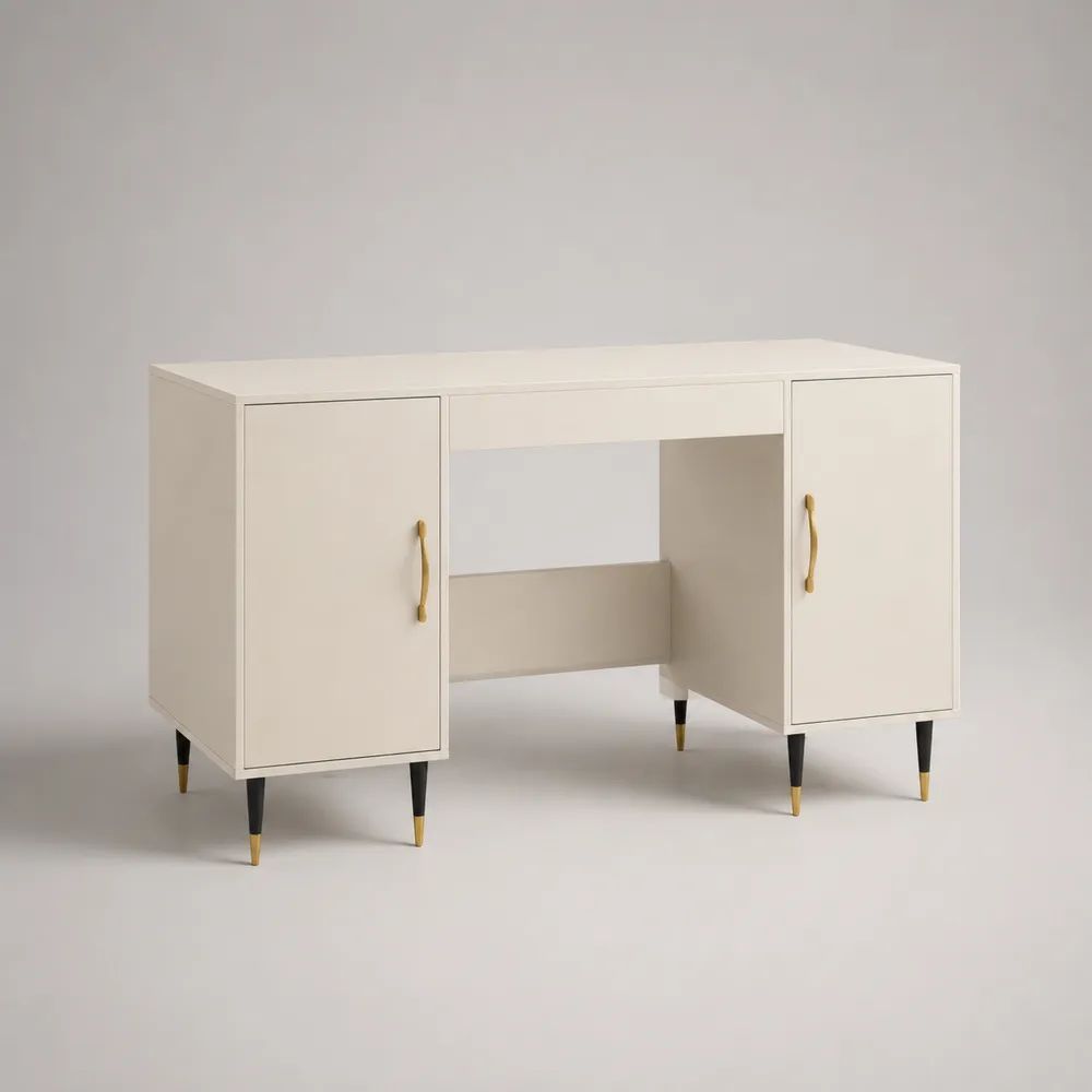Rechteckiger Schreibtisch aus MDF mit 2 Schränken und Schublade, Cremeweiß/Schwarz/Messingfarben, 120 × 50 × 76 cm