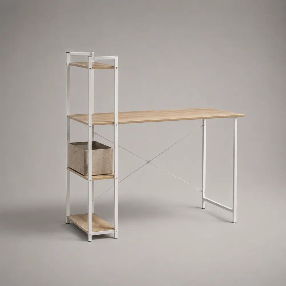 Rechteckiger Schreibtisch mit Regal aus Spanplatte und weißem Stahlgestell, Eiche hell/Weiß, 120 × 50 × 150 cm
