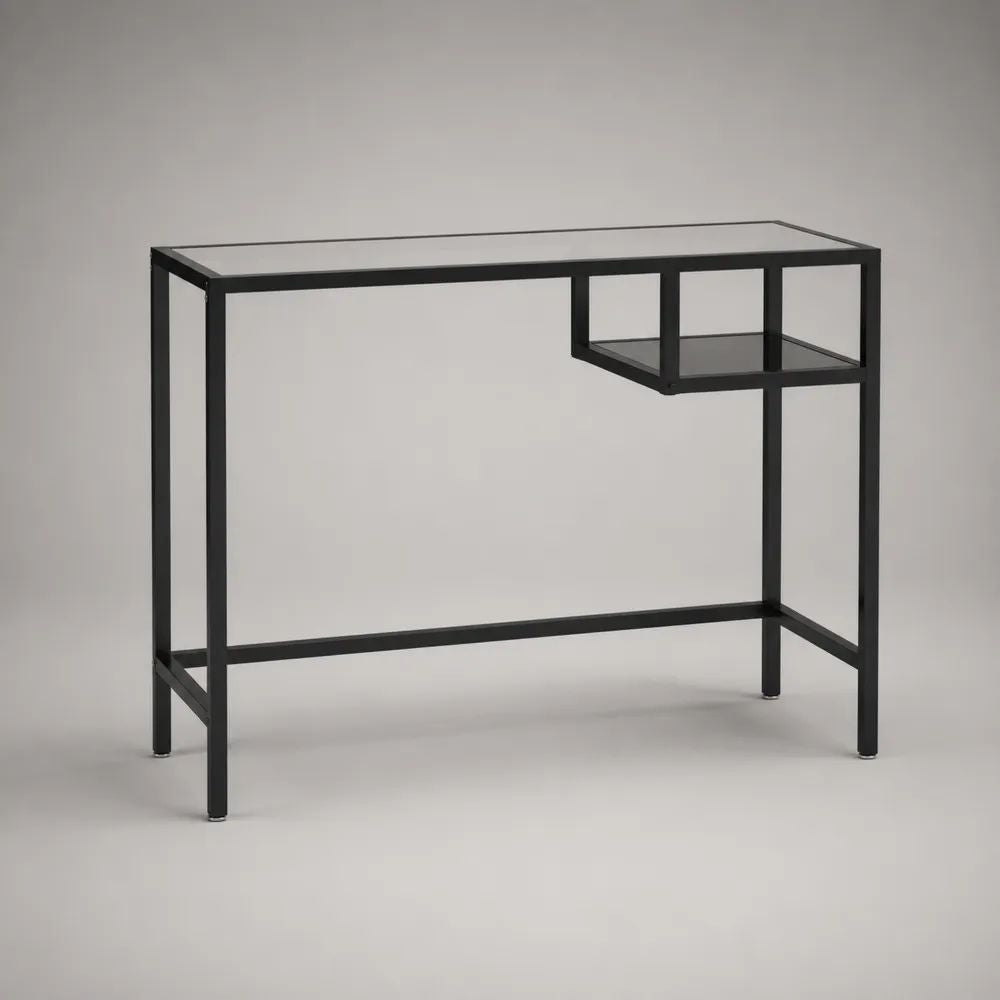Rechteckiger Schreibtisch mit Ablage aus Sicherheitsglas und pulverbeschichtetem Stahl, Schwarz/Transparent/Rauchgrau, 100 × 50 × 75 cm