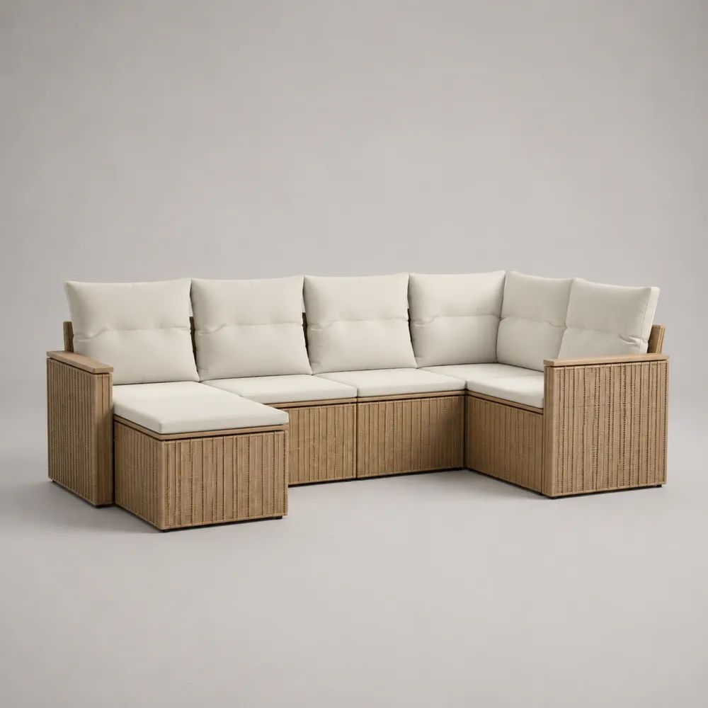 6-Sitzer Gartenlounge-Ecksofa-Set aus PE-Rattan mit Stahlrahmen und Polstern, L-Form, Natur/Cremeweiß, 262 x 190 x 90 cm