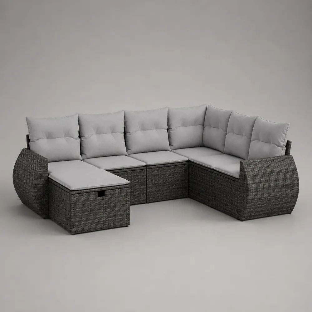 Gartenlounge-Set für den Außenbereich mit Ecksofa und Stauraumhocker aus PE-Rattan und Stahl, Dunkelgrau/Hellgrau, 240 × 180 × 85 cm