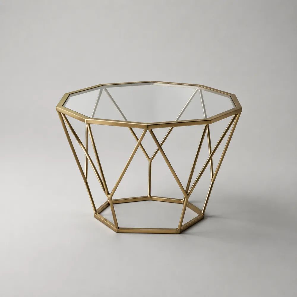 Achteckiger Beistelltisch aus Glas und Stahl, Gold/Transparent, 60 × 60 × 50 cm
