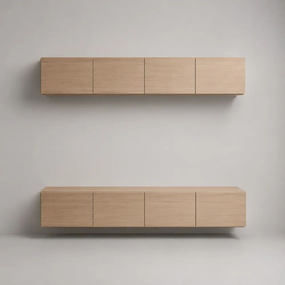 2-teiliges Hängeschrank-Set mit 8 Türen, MDF mit Eichenfurnier, Natur/Beige, je 180 × 30 × 35 cm