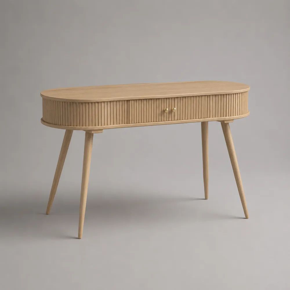 Ovaler Schreibtisch aus Holz mit 2 Schubladen, Natur/Goldfarben, 120 x 50 x 78 cm