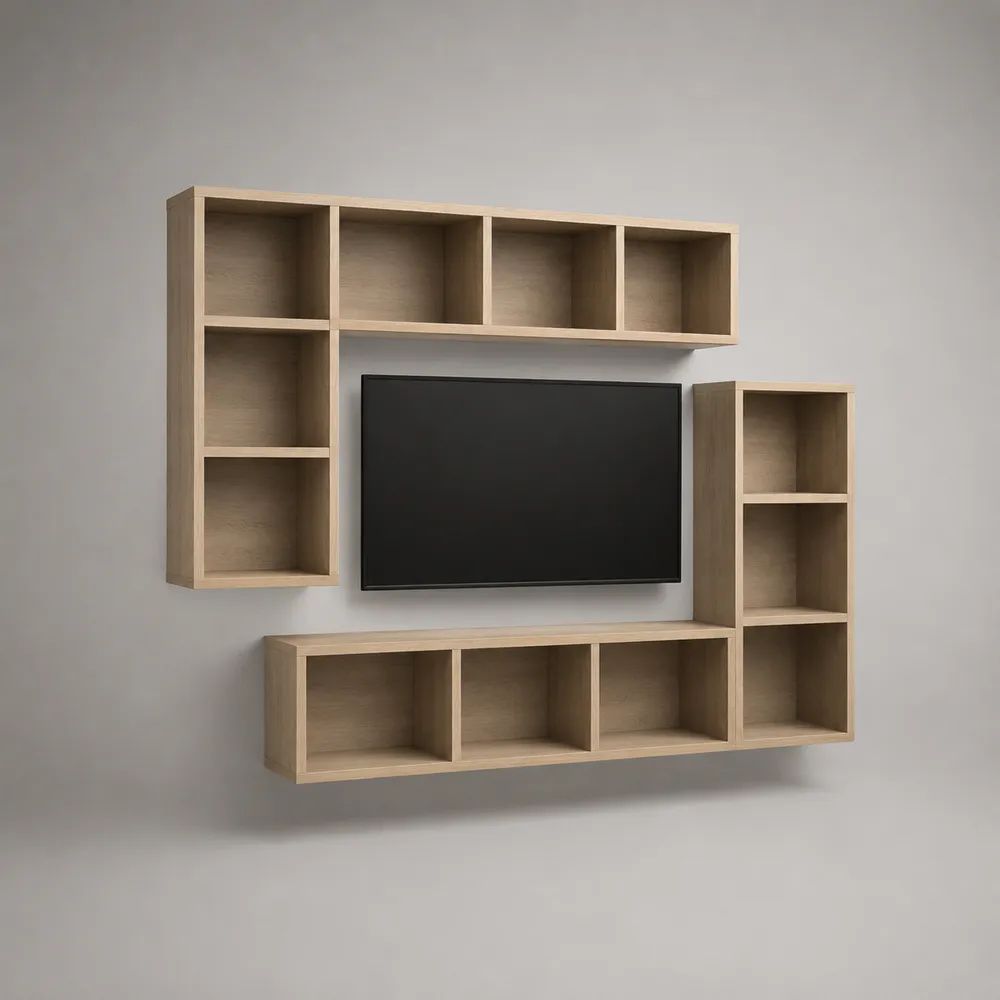 Wohnwand-Wandregal, 3-teilig, aus melaminbeschichteter Spanplatte, Eiche hell, 160 × 25 × 140 cm