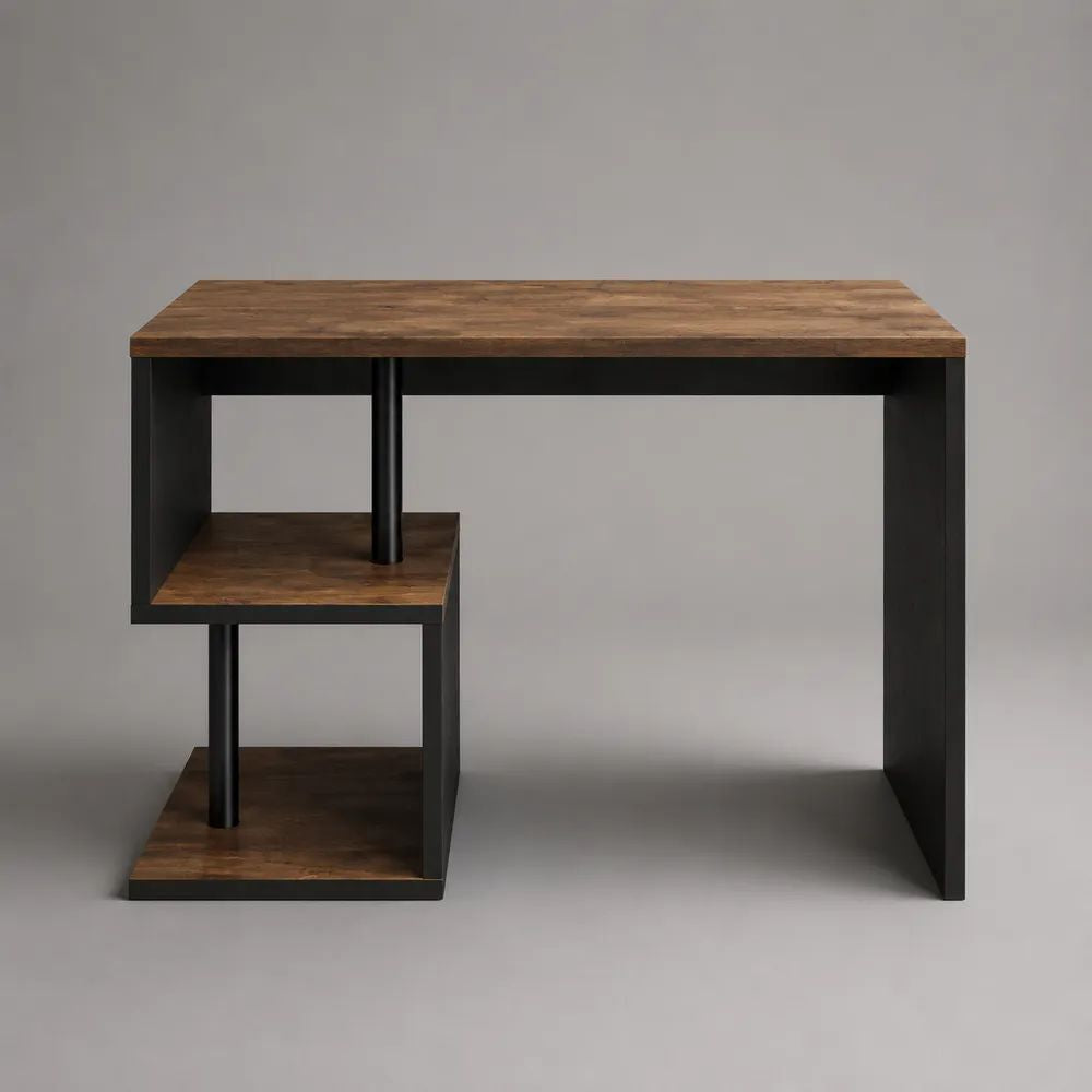 Rechteckiger Schreibtisch aus Spanplatte und Stahl mit 2 Ablagen, Braun/Schwarz, 100 × 50 × 75 cm