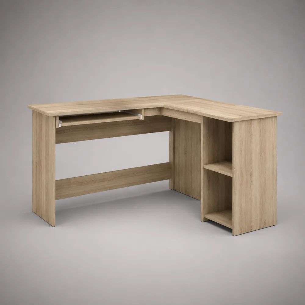 L-förmiger Eckschreibtisch aus Spanplatte mit Tastaturauszug und Regal, Eiche hell, 120 × 100 × 75 cm